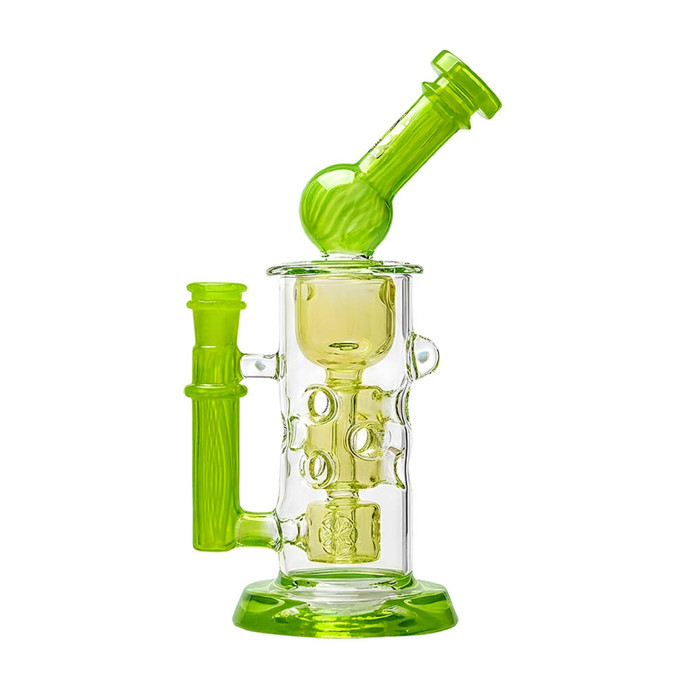 The Calibear Seed of Life Swiss Incycler Dab Rig, featuring green and clear glass, a cylindrical body, angled mouthpiece, handle, and decorative holes, is displayed on a white background.