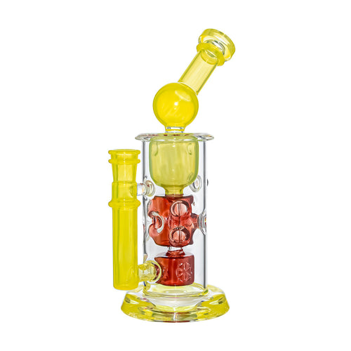 The Calibear Seed Of Life Swiss Incycler Dab Rig features a yellow mouthpiece, chamber, and base, a round yellow top element, and red decorative accents inside the clear central chamber.