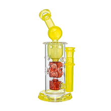 The Calibear Seed Of Life Swiss Incycler Dab Rig features a colorful glass body, yellow mouthpiece and base, a red skull percolator inside, and clear bubble accents—perfect for those seeking a unique dab rig experience.
