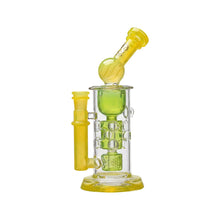 The Calibear Seed Of Life Swiss Incycler Dab Rig features yellow and green accents, a cylindrical chamber, tilted mouthpiece, decorative circular cutouts, and stands on a yellow base against a white background.