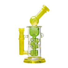 The Calibear Seed Of Life Swiss Incycler Dab Rig features yellow and green accents, a cylindrical chamber, angled mouthpiece, and a handy side handle for comfortable use.