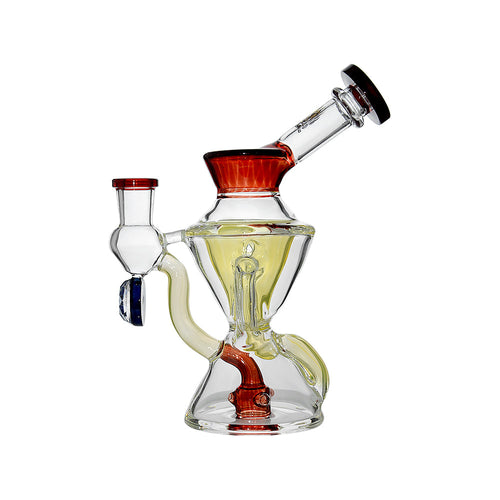 The Calibear Hourglass Marble Adorned Recycler Dab Rig features red accents, a yellow-tinted hourglass marble chamber, a tilted mouthpiece, and curvy stem—an artistic glass water pipe shown against a white background.