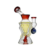The Calibear Hourglass Marble Adorned Recycler Dab Rig is a clear glass piece with red accents, intricate artistic details, and a blue hourglass marble element on the side, shown against a white background.