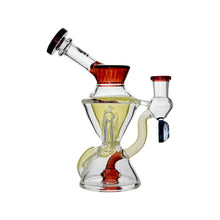 The Calibear Hourglass Marble Adorned Recycler Dab Rig features an hourglass-shaped design, red and yellow accents, angled mouthpiece, a side chamber, and marble details on a white background.