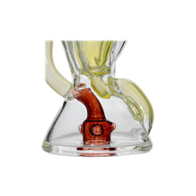 Close-up of the Calibear Hourglass Marble Adorned Recycler Dab Rig’s base, showcasing clear, yellow, and red glass in an hourglass marble design, set against a white background.
