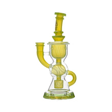 The Calibear Vortex Seed Of Life Recycler Dab Rig features intricate yellow and clear glasswork, a Seed of Life percolator, and multiple curved chambers for smooth, flavorful smoking.