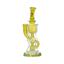 The Calibear Vortex Seed Of Life Recycler Dab Rig features an intricate yellow and clear glass design with curved elements, a paw print logo, and a wide base supporting a Seed of Life percolator for superior filtration.