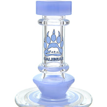 A close-up of the Calibear Vortex Seed Of Life Recycler Dab Rig, a glass water pipe with light blue accents, featuring a bear paw print logo and the CALIBEAR name on the front, beautifully designed with a Seed of Life percolator.