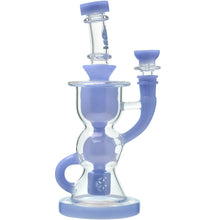The Calibear Vortex Seed Of Life Recycler Dab Rig is a translucent glass water pipe with light purple accents, a curved design, and multiple filtration chambers.