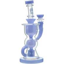 The Calibear Vortex Seed Of Life Recycler Dab Rig is a glass water pipe with purple accents, an hourglass chamber, round base, side handle, angled mouthpiece, and an eye-catching bear paw logo near the top.