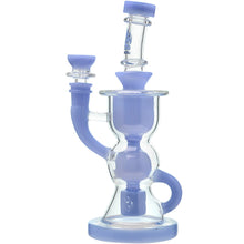 The Calibear Vortex Seed Of Life Recycler Dab Rig features a glass body with light purple accents, a curved neck, cylindrical base, and multiple chambers—including a Seed of Life percolator for stylish, enhanced filtration.