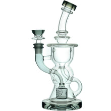 The Calibear Vortex Seed Of Life Recycler Dab Rig is a clear glass water pipe featuring a curved neck, round base, and intricate Seed of Life percolator for superior filtration, shown upright against a white background.