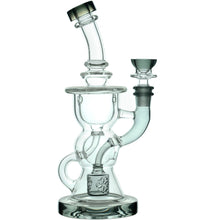 The Calibear Vortex Seed Of Life Recycler Dab Rig is a clear glass piece with a wide base, curved neck, and complex internal chambers featuring a Seed of Life percolator. It stands upright and elegant on a white background.