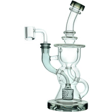 The Calibear Vortex Seed Of Life Recycler Dab Rig is a clear glass water pipe with an angled neck, cylindrical mouthpiece, handle, and side arm with banger—designed for efficiently smoking or vaporizing concentrates.