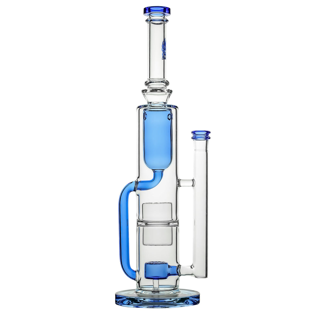 The Calibear Pillar Flower Of Life Klein Bong is a clear glass water pipe with blue accents, multi-chamber FOL percolator, straight mouthpiece, handle-like side arm, and a wide circular base.