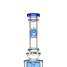 The Calibear Pillar Flower Of Life Klein Bong features a clear glass tube with blue accents, a blue bear paw CALIBEAR logo on the neck, and a Flower of Life percolator for smooth filtration and style.