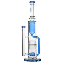 The Calibear Pillar Flower Of Life Klein Bong is a tall, clear glass bong with blue accents, multiple chambers, a cylindrical base, and a Flower of Life percolator for smoother hits.