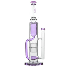 The Calibear Pillar Flower Of Life Klein Bong is a tall, clear bong with purple accents on the mouthpiece, base, and chambers. It features a complex Flower of Life percolator and a vertical handle-like extension on one side.
