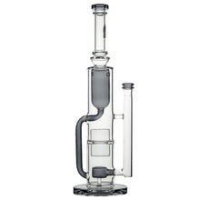 The Calibear Pillar Flower Of Life Klein Bong is a clear glass water pipe with cylindrical chambers, vertical mouthpiece, side tube, and an intricate Flower of Life percolator, shown upright against a white background.