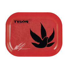 The Tyson 2.0 Rolling Trays feature a red design with a black bird silhouette (wings as cannabis leaves), "TYSON" in a black box at the top left, and a white signature at the bottom left, available in multiple legal sizes.