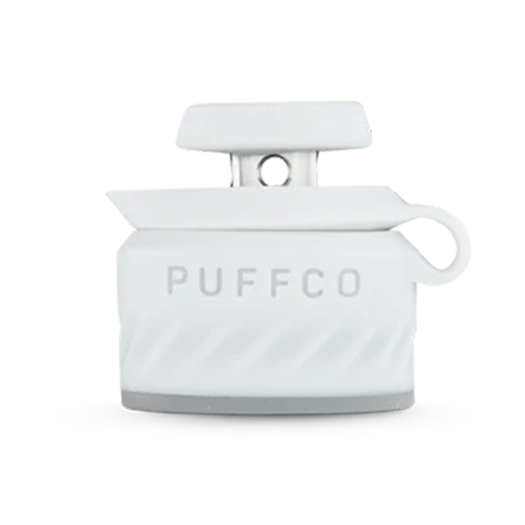 White silicone container with PUFFCO branding, side loop, and a lid with a round center hole—perfect for securely storing accessories like the Puffco Peak Pro Joystick Cap or other airflow tools.