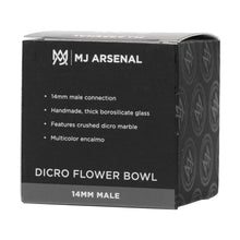 A black box labeled MJ Arsenal Dichro Flower Bowl features a 14mm glass bowl, handmade thick borosilicate glass, crushed dichro marble, multicolor encalmo, and displays the logo on the sides.