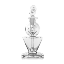 A clear borosilicate glass decanter with a round stopper, spherical body, and conical base is displayed against a white background, featuring modern elegance and smooth surfaces inspired by the MJ Arsenal Gemini Mini Dab Rig.
