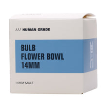 A white box with a blue label reads "Human Grade Bulb Glass Bowl Slide 14MM" and "HUMAN GRADE" on the front, highlighting its 14mm joint compatibility. "14MM MALE" appears in smaller text on the lower left corner.