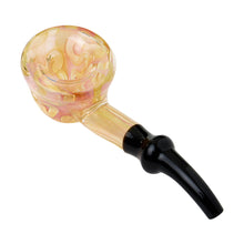 The Human Grade Fleur Hand Pipe is made from borosilicate glass, featuring a rounded translucent yellow and pink bowl with a black mouthpiece, shown on a white background.