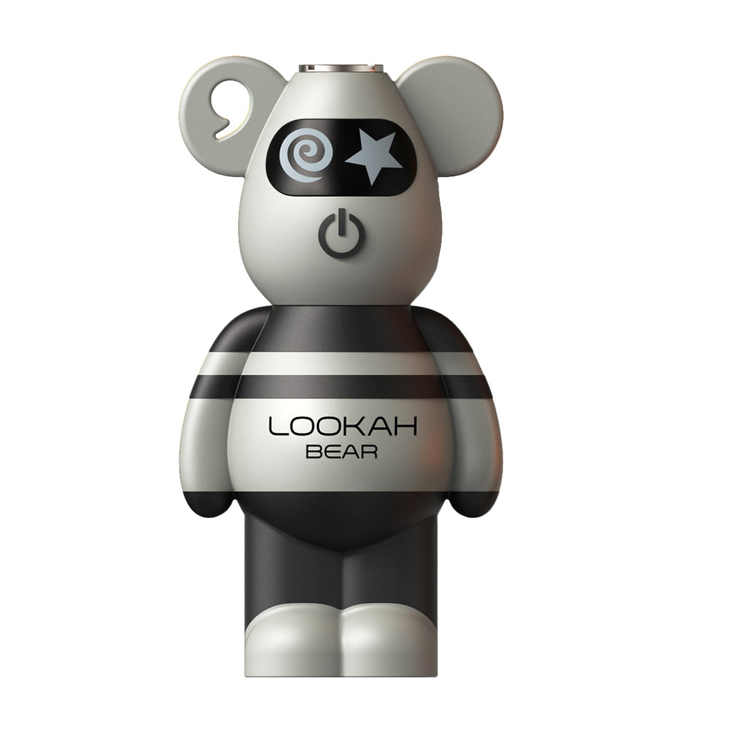 The Lookah Bear 510 Thread Battery is a gray, bear-shaped figurine with cartoon features—one spiral eye, one star eye, rounded ears, a power button symbol, and 