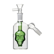The 14mm Skull Ash Catcher (45° or 90°) features a clear glass body, green skull perc inside, straight tube design, flower bowl on top, and an angled mouthpiece.