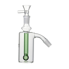 The 14mm DK Barrel Ash Catcher features a clear glass body with a green percolator, vertical chamber, and angled mouthpiece. Inspired by the classic Donkey Kong barrel, this accessory comes in 45° or 90° angles for modern style and clean hits.
