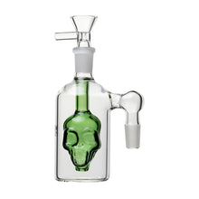 The 14mm Skull Ash Catcher (45° or 90°) features a green skull perc inside clear glass, jointed connections, and a funnel-shaped top—ideal as a laboratory-style water pipe accessory.