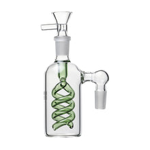 The 14mm The Spiral Perc Ash Catcher 45° or 90° is a durable clear glass water pipe with a green spiral perc inside its cylindrical body, featuring a top bowl and side arm joint adapter, displayed on a white background.