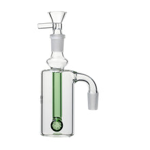 The 14mm DK Barrel Ash Catcher (45° or 90°) is a clear glass water pipe attachment with a green percolator tube, a top bowl, and an angled mouthpiece—ideal for smooth smoking or filtration.