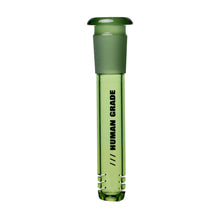 The Human Grade Color Downstems (14MM) is a green glass test tube with a frosted stopper and "HUMAN GRADE" in black vertical text, perfect as a 14mm water pipe downstem replacement for optimal airflow; stands upright on white background.