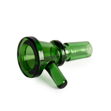 The Gear Premium 14mm XL Blaster Cone Glass Bowl Slide is a green borosilicate glass bowl with a protruding handle, designed for 14mm water pipes and shown isolated on a white background.