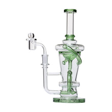 The 10.25" Straight Recycler Glass Water Pipe features clear borosilicate glass, green accents, a cylindrical base, intricate percolator tubes, and a side arm perfect for use as a recycler dab rig or with a quartz bucket.
