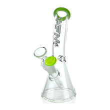 The AFM Glass 8.5" Bent Beaker Water Pipe is made from clear borosilicate glass with green accents on the mouthpiece and bowl, features AFM branding on the neck, a beaker-shaped base, and includes a 14mm downstem.