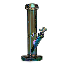 The Red Eye Tek 12" Draco Straight Base is a tall, iridescent 14mm borosilicate glass bong with a geometric faceted metallic finish and mouthpiece, Red Eye Tek logo on the neck, and an angled bowl attachment.