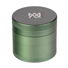 The MJ Arsenal 4 Piece Grinder is a green metal grinder with textured grip bands and a white logo on top, shown against a white background.