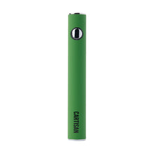 The Cartisan Button VV 900 Dual Charge (USB-C) 2G is a green cylindrical 510-threaded battery vape pen with a silver button near the top and “CARTISAN” printed vertically by the bottom. Features USB-C charging. Displayed on a white background.