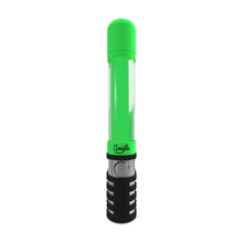 The Penjamin Danksaber 510 Thread Cartridge Vaporizer is a clear cylindrical device with a bright green lid and cap, black base, silver button, and grip-like grooves, resembling a cartridge lightsaber, displayed on a white background.