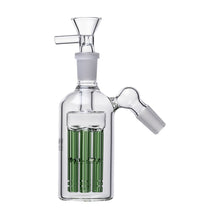 The Jellyfish Glass Ash Catcher 14mm features three green jellyfish percs in clear glass with a 45/90-degree angled joint for improved water filtration and cooler smoke.