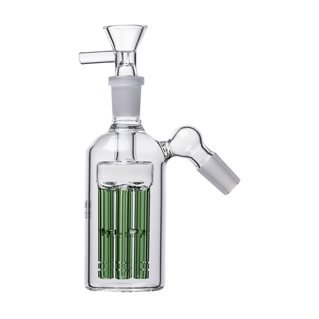 The Jellyfish Glass Ash Catcher 14mm features three green jellyfish percs in clear glass with a 45/90-degree angled joint for improved water filtration and cooler smoke.