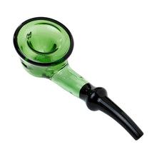 The Human Grade Fleur Hand Pipe is a green and black borosilicate glass piece with a wide bowl and curved stem, shown on a white background.