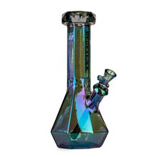 The Red Eye Tek 12" Orion Beaker Base Glass Water Pipe features a multicolored iridescent terminator finish, faceted geometric design, 14mm borosilicate glass, RED EYE TEK branding, beaker base, and angled bowl attachment.