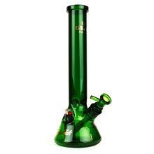 The Gear Premium 15" Sidekick (Beaker) Water Pipe features tall green borosilicate glass, a cylindrical neck, angled downstem, removable bowl, gold “Genius” and “Selection” lettering, and an upright flat base in beaker style.