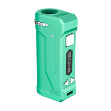 The Yocan UNI Pro is a turquoise, rectangular box mod with beveled edges, a display screen, two arrow voltage control buttons, a circular button, and USB-C charging at the base. Its top has a round opening characteristic of the UNI Pro series.