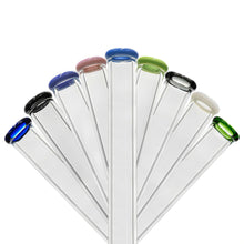 Eight clear Glassic Beaker Bong stir sticks are fanned out, each with a rounded tip in blue, black, purple, pink, green, dark green, white, or light blue, set against a white background.